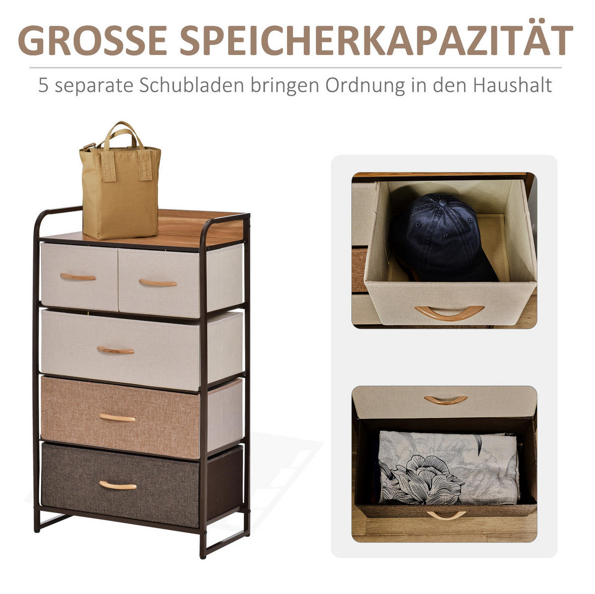 KOMMODE 58/29/99 cm aus Leinen und Stahl mit 5 faltbaren Schubladen Multicolor - Weiß, Textil (58/99/29cm) - Modenvie