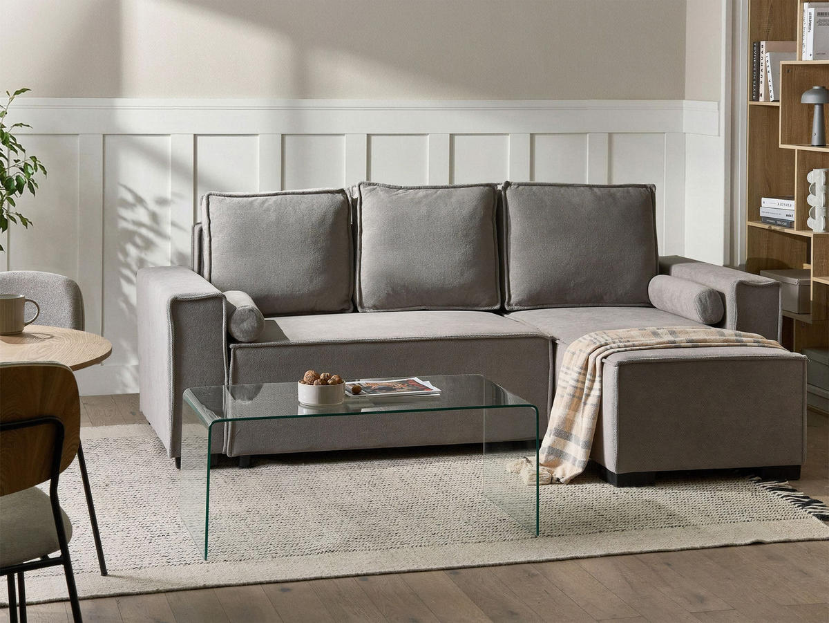 ROZKLÁDACÍ ROHOVÁ POHOVKA 3-místná Látka Šedá s úložným prostorem levostranná Edane - šedá, textil (232/150cm) - Beliani