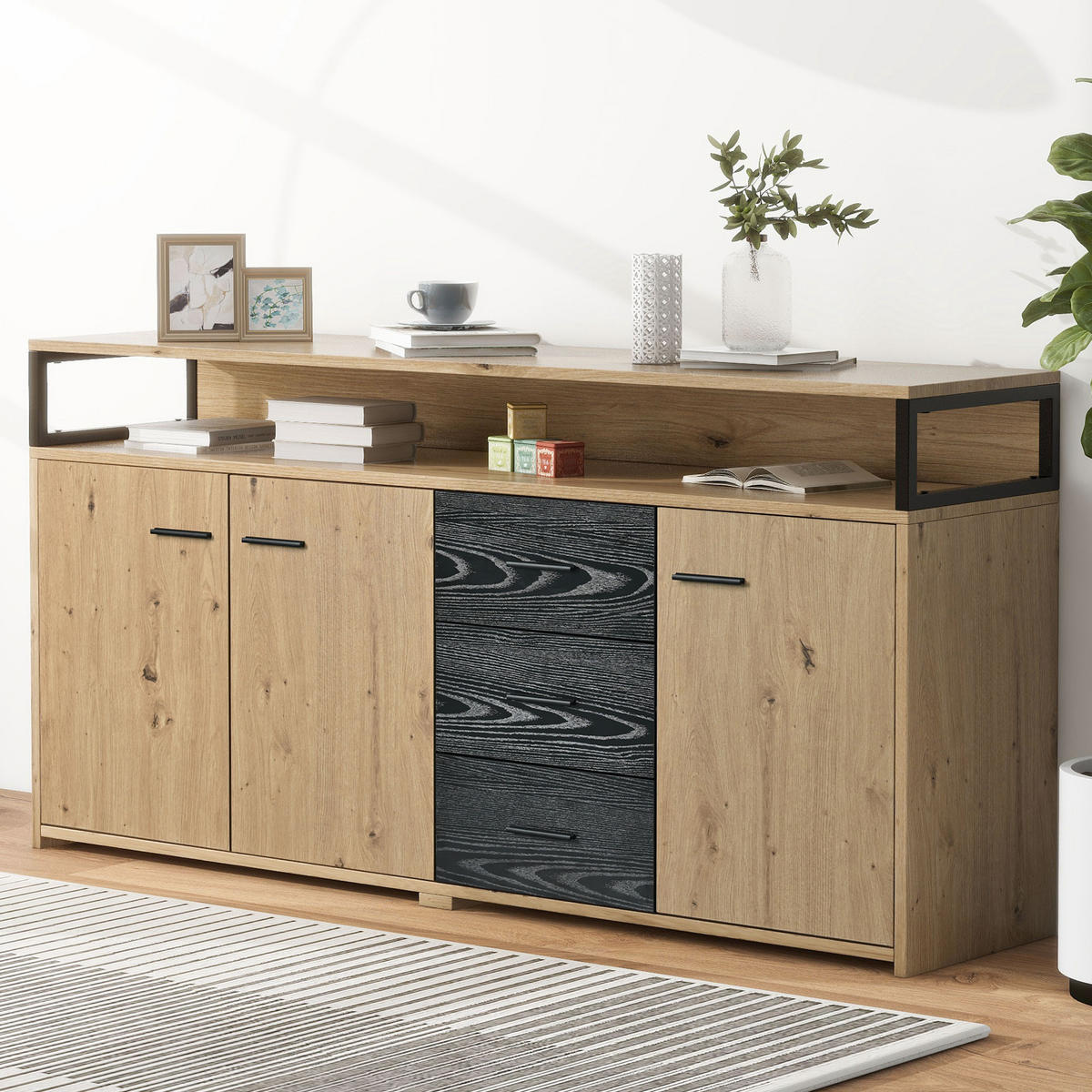 SIDEBOARD mit 3 Türen und 3 Schubladen, verstellbare Einlegeböden, 150/35/75,9 cm, Schwarz/Holzoptik - Naturfarben, Holzwerkstoff (150/75.9/35cm) - Redom