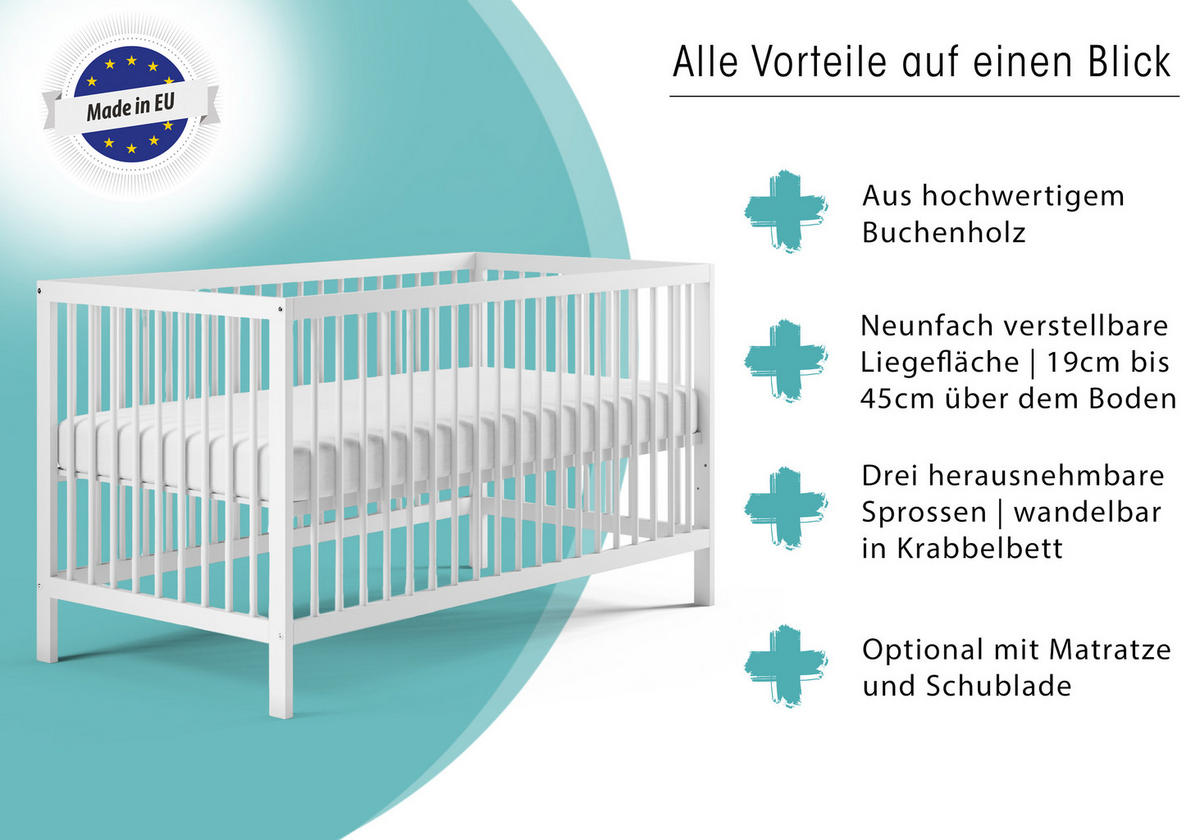 BABYBETT 70x140 cm in weiss - Weiß, Holz (70/140cm) - Kids Collective