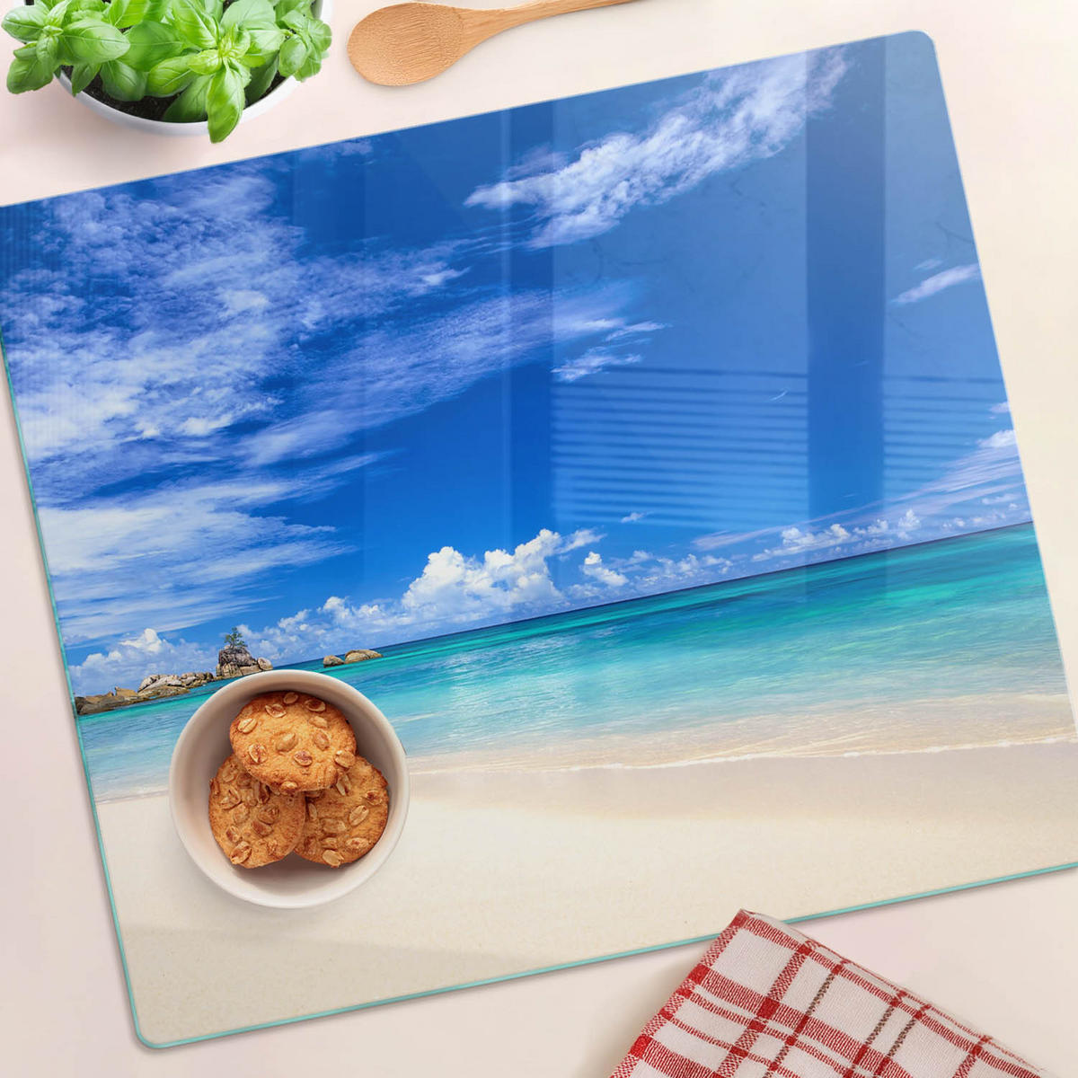 GLASPLATTE 60x52 cm Tropischer Strand - Blau, Glas (60/0.4/52cm) - TULUP