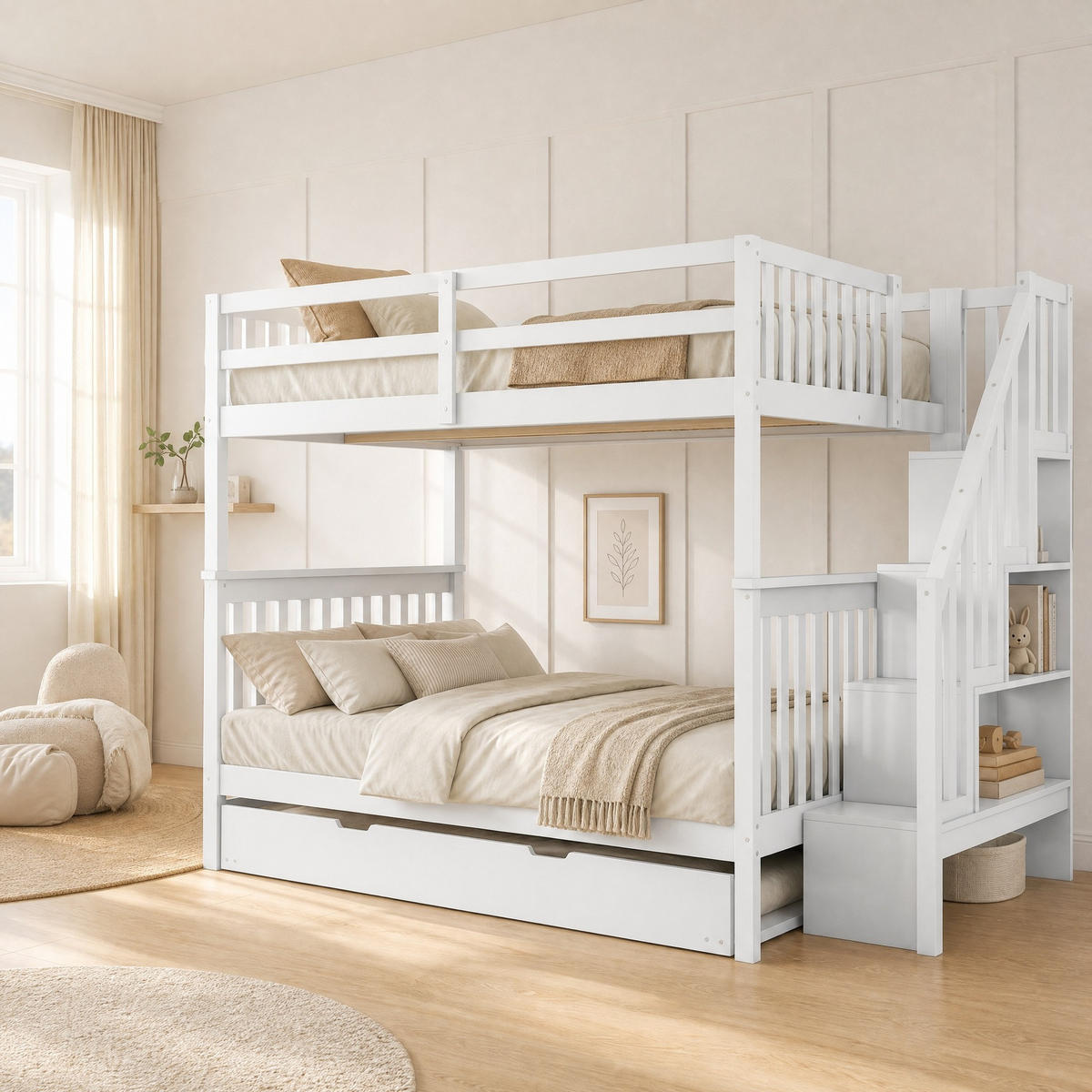 ETAGENBETT 140/200 mit Ausziehbett, Treppenregal und hohem Geländer in Weiß - Weiß, Holzwerkstoff (140/200cm) - EVRYAE