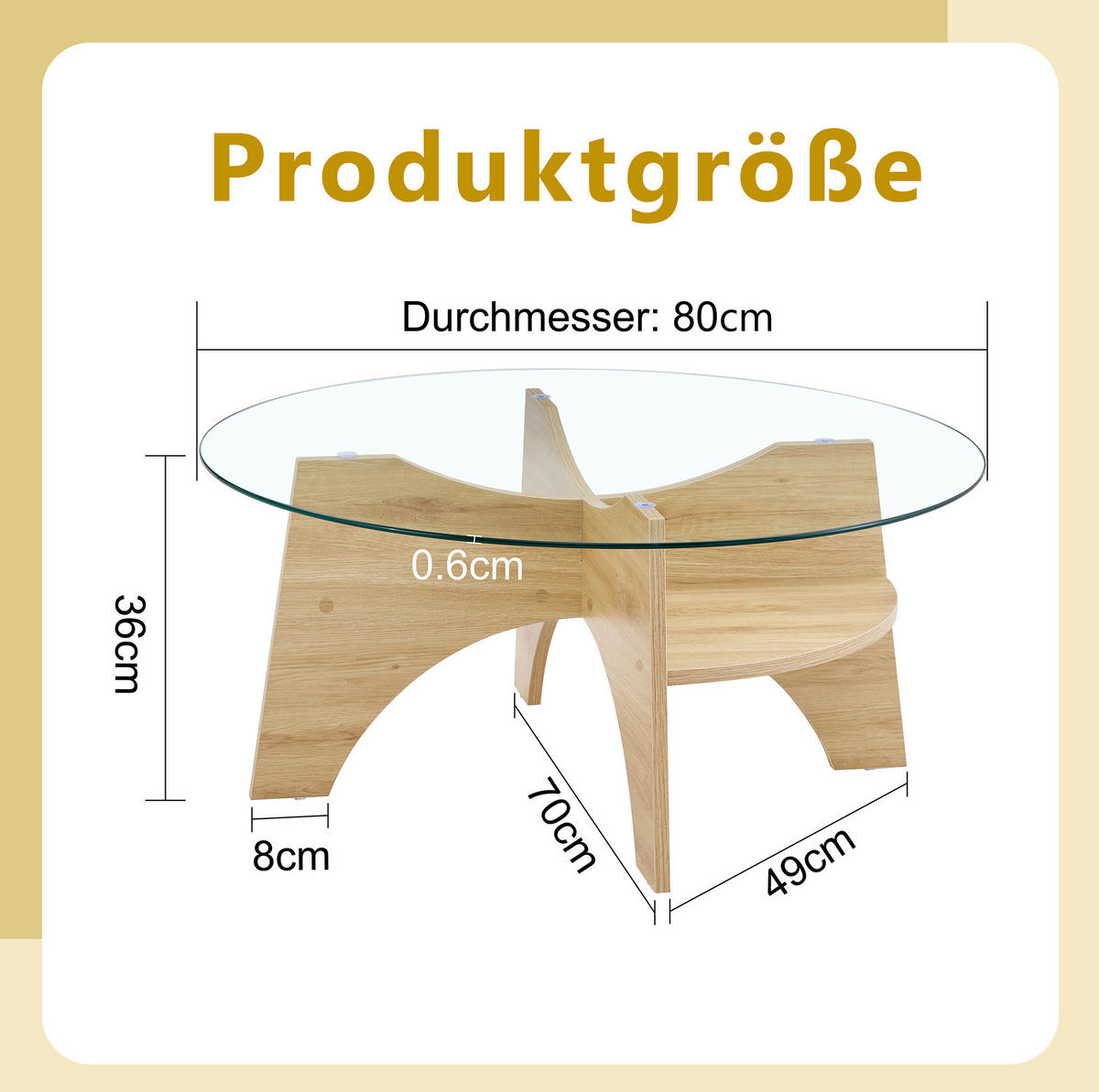 COUCHTISCH 80 cm aus Glas und MDF in Holzoptik – rund, modern und stabil - Naturfarben, Holzwerkstoff (80/80/36cm) - BEAOK