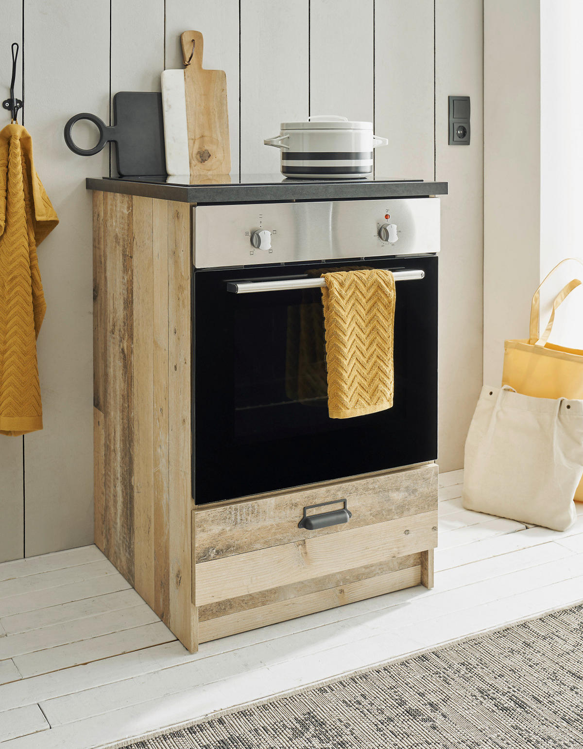 HERDUMBAUSCHRANK used wood hell, anthrazit, 60 cm, Küche Unterschrank mit Schublade und Soft-Close - Anthrazit/Schwarz, Holzwerkstoff/Metall (63/93/64cm) - Furn.Design