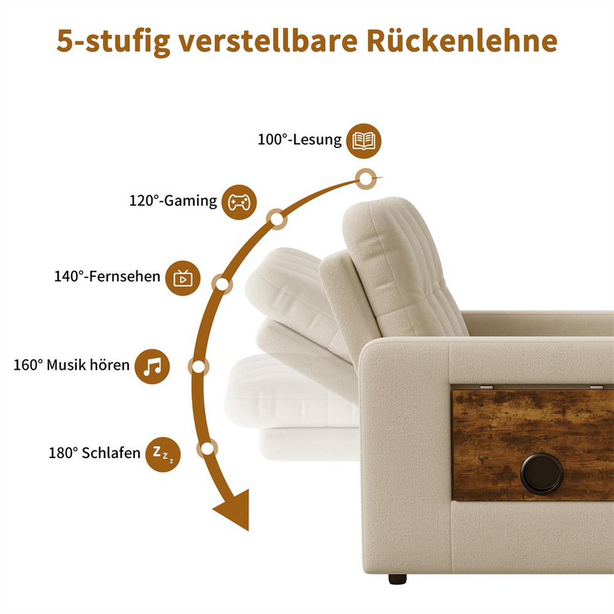 SCHLAFSESSEL mit klappbarem Ablagetisch und Seitentasche - Beige - Beige, Textil (85/86/108cm) - DELFA