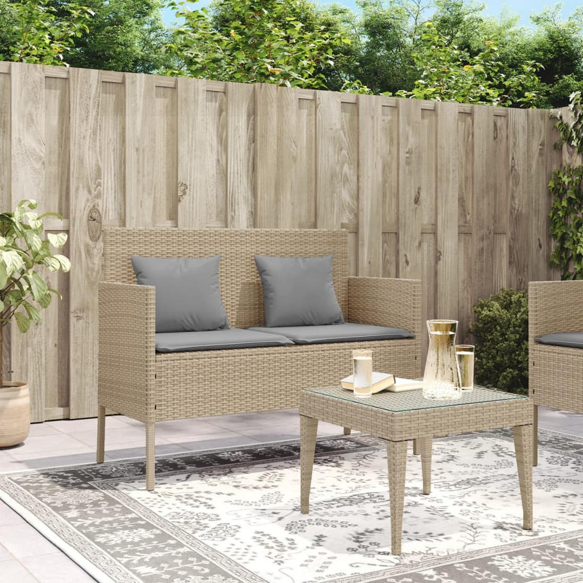 GARTENBANK mit Kissen Beige Poly Rattan - Beige/Grau, Kunststoff (113/87/61cm) - furnicato