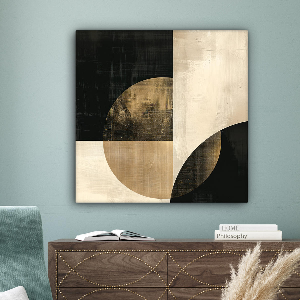 LEINWANDBILD Abstrakt - Geometrische Formen - Schwarz - Gold 90x90 cm - Ecru, Textil (90/90cm) - MuchoWow