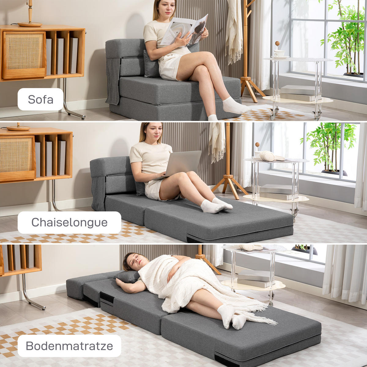 3 in 1 Schlafsessel, klappbares Schlafsofa mit Bettfunktion, Lendenkissen, Grau - Grau, Textil (80/15/210cm) - HOMCOM