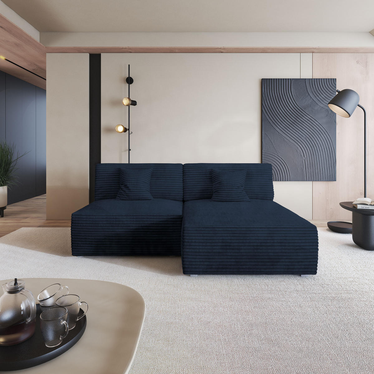 ROHOVÁ SEDAČKA FIORO modrá - šedá/modrá, dřevo/textil (204/148cm) - MASSENO