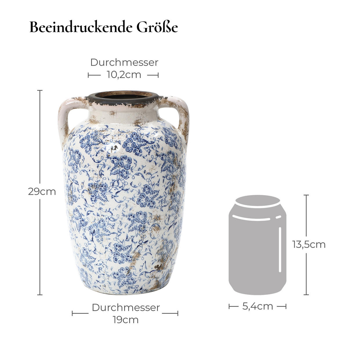 VASE Vintage, Keramik Weiß | Handbemalt, Doppelhenkel, Ø19 x H29 cm - Weiß, Keramik (29cm) - Hometopia