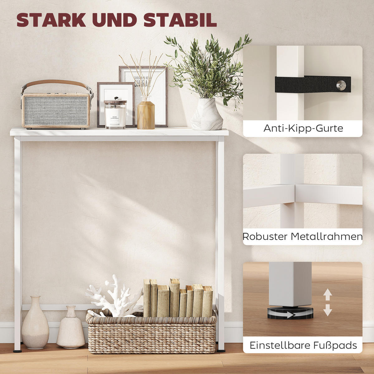 KONSOLENTISCH Flurtisch mit verstellbar Fußpads, Kippschutz 75 x 24 x 76 cm - Weiß, Holzwerkstoff/Metall (75/24/76cm) - HOMCOM