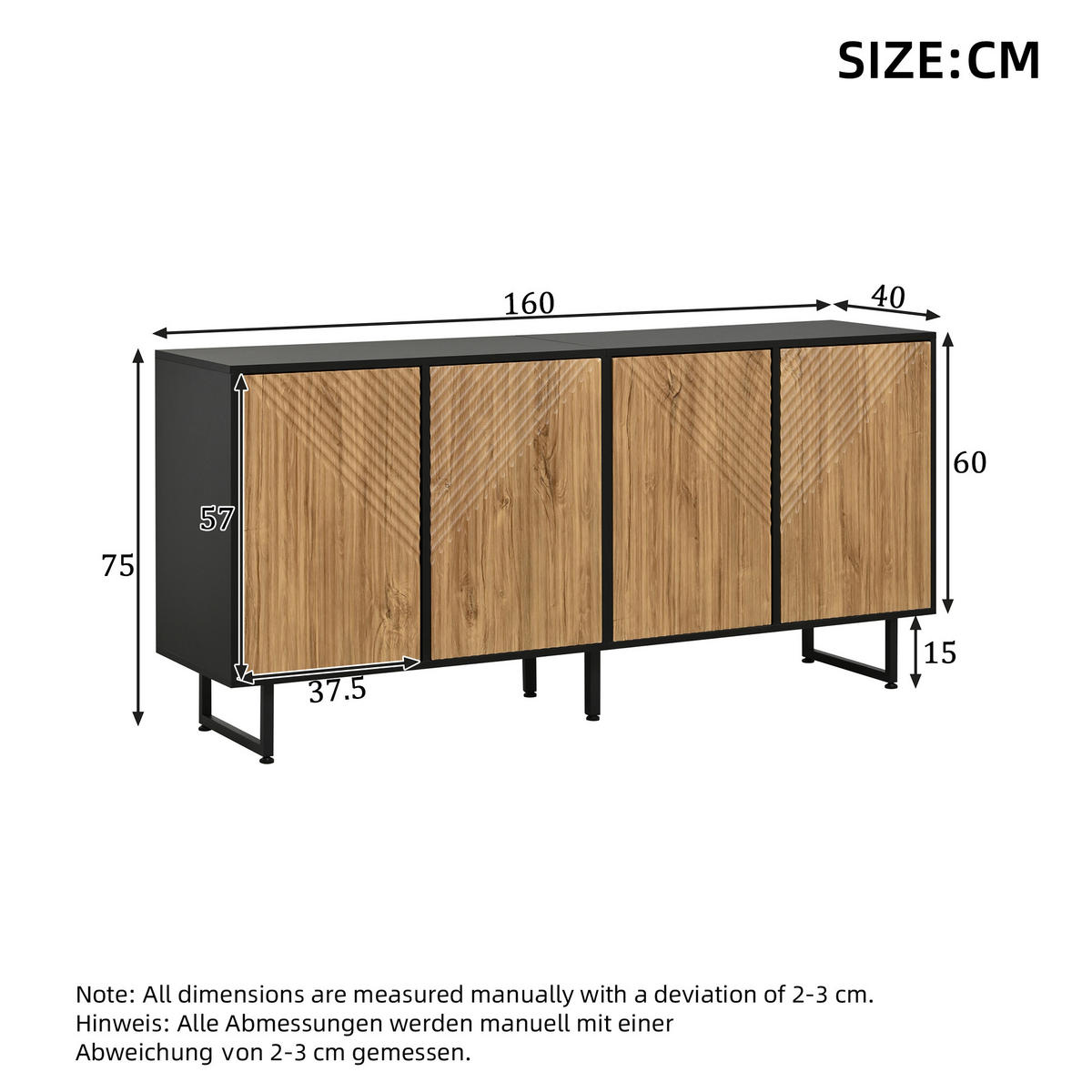 SIDEBOARD Holz Schwarz 4 Türen 160x40x75cm Vakuumform Stauraum - Naturfarben, Holzwerkstoff (40/75/160cm) - FLIEKS