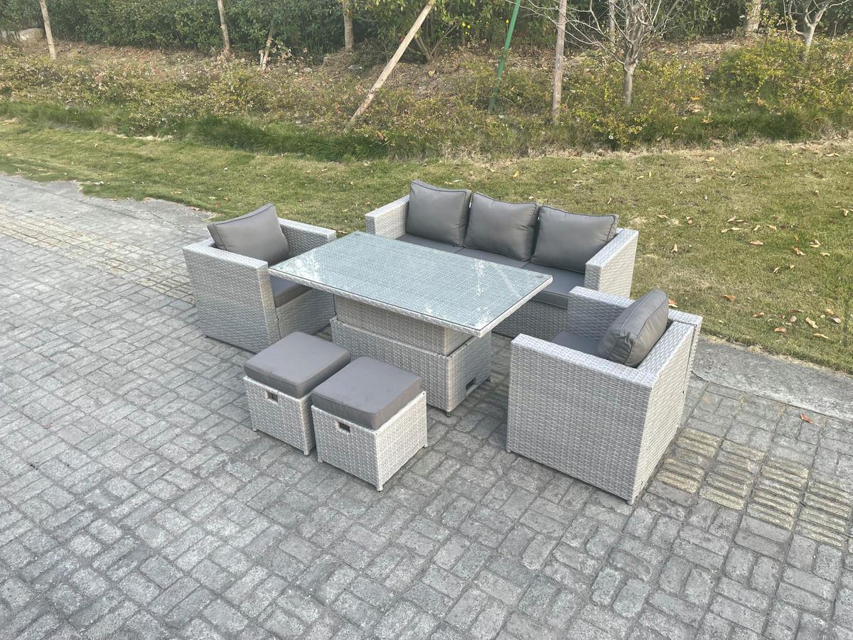 GARTENMÖBEL SET mit höhenverstellbarer Tisch Polyrattan Helles Grau 7-Sitzer - Hellgrau, Metall - Fimous