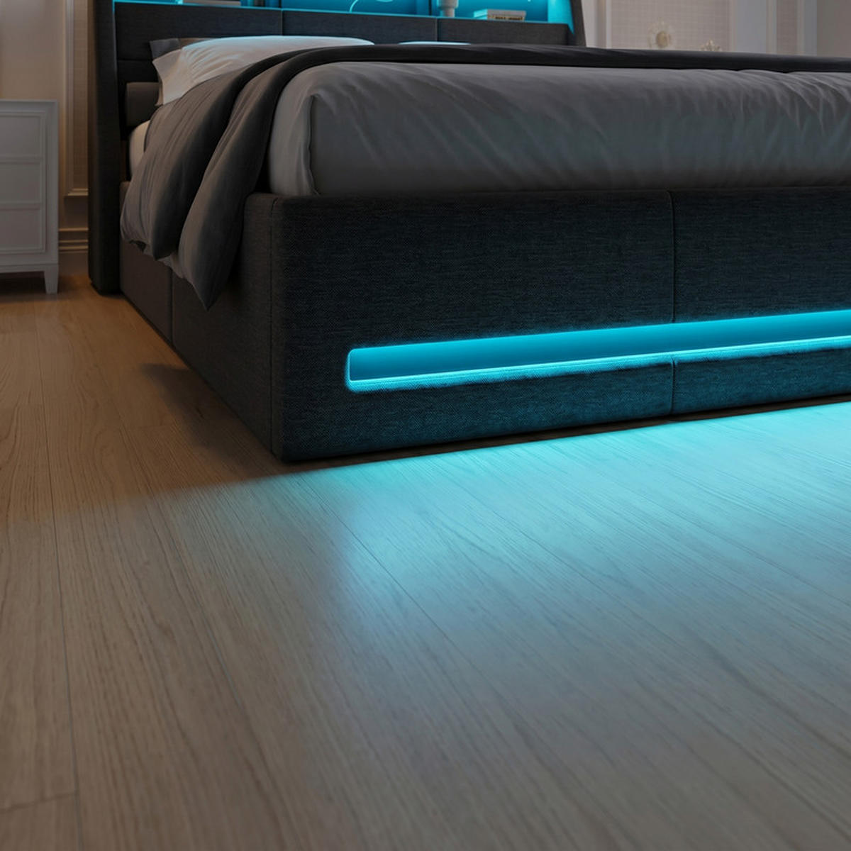 POLSTERBETT 140/200 cm grau mit Stauraum, LED und USB - Grau, Holz