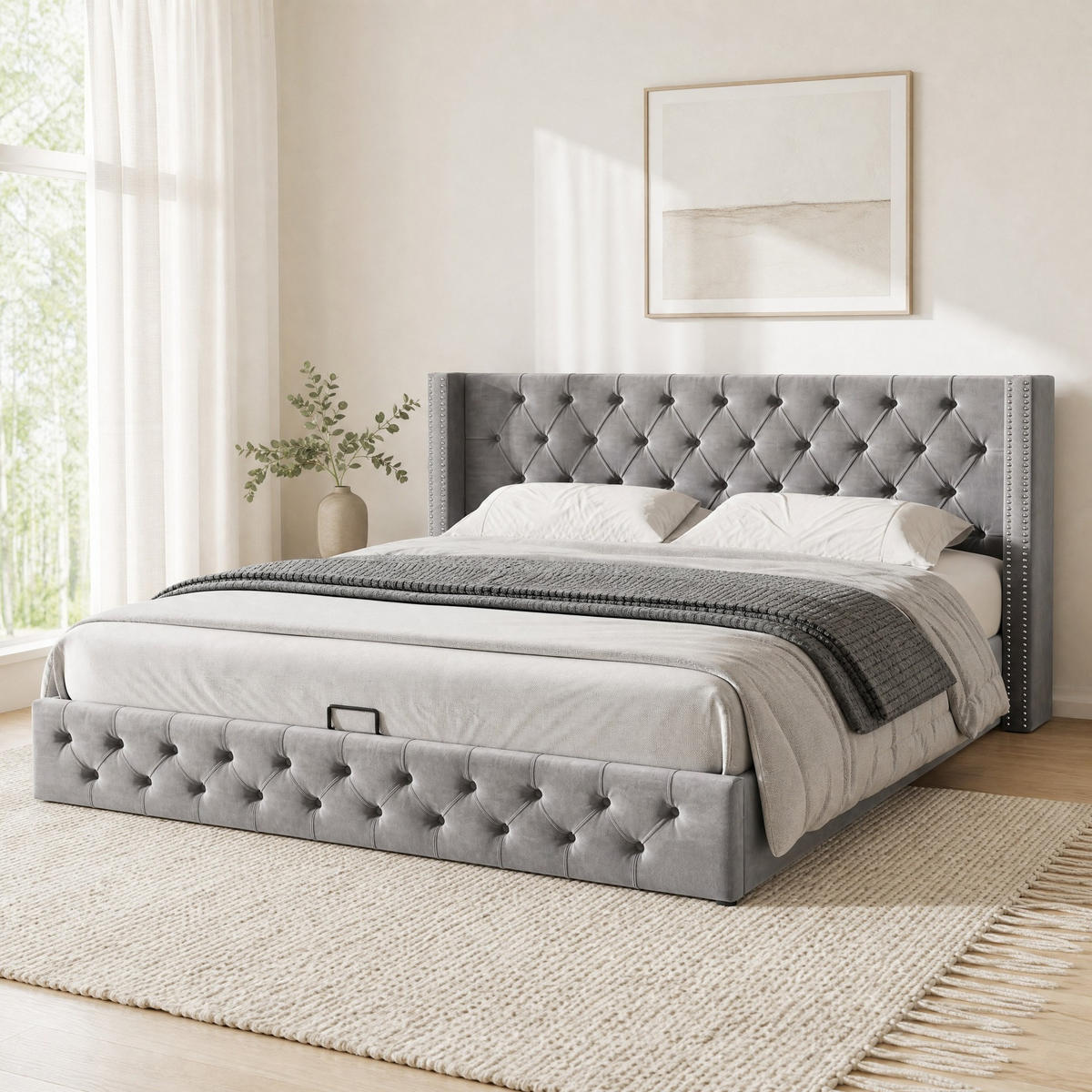 POLSTERBETT 140/200 cm in Grau Samt mit Bettkasten - Grau, Holzwerkstoff/Textil (140/200cm) - CHICFURN