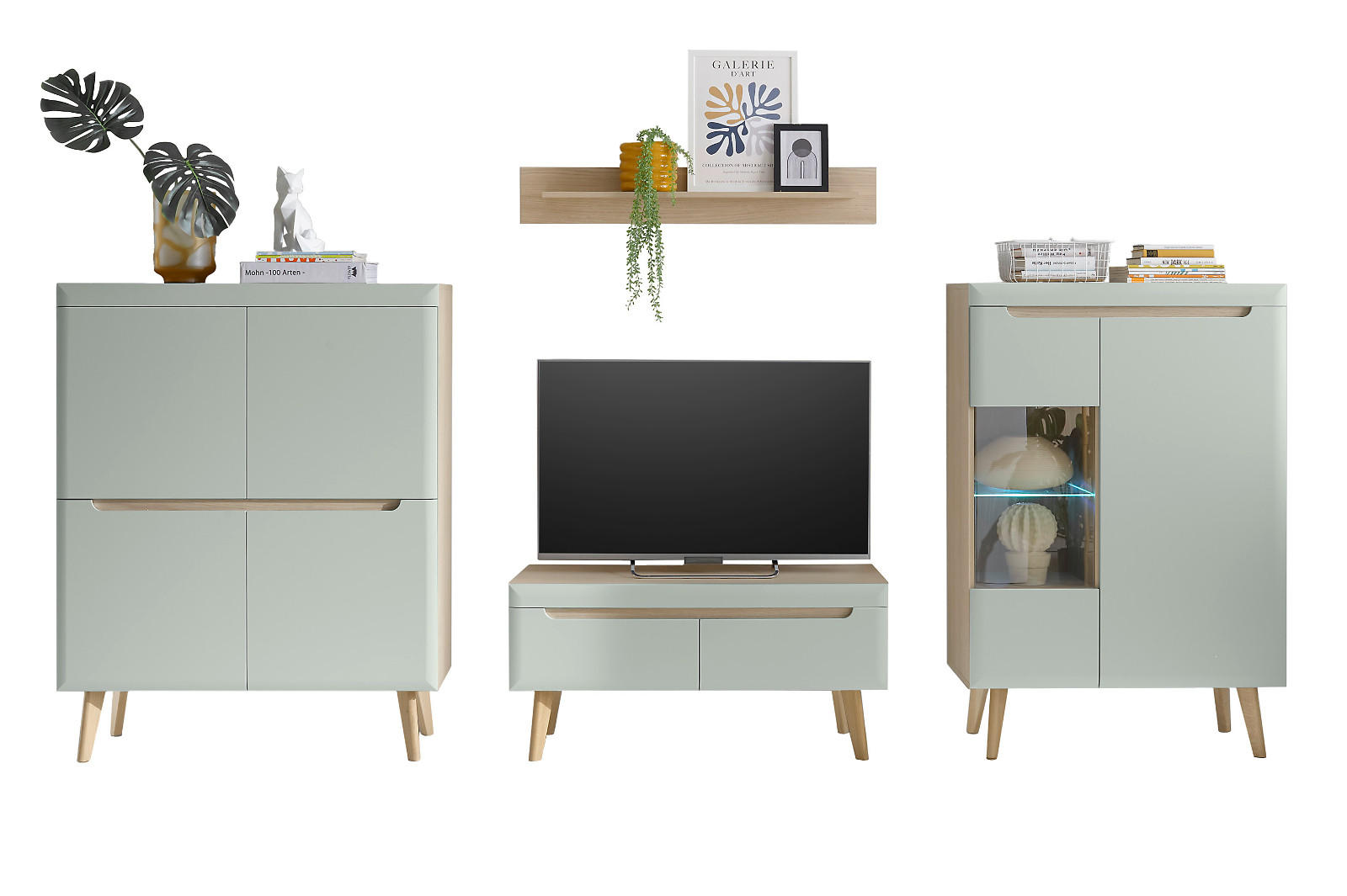 WOHNWAND 4-teilig pistazie grün, Eiche, skandinavisch 344 cm, Wohnkombination mit Soft-Close - Eichefarben/Pastellgrün, Glas/Eichenholz (344/170/40cm) - Furn.Design