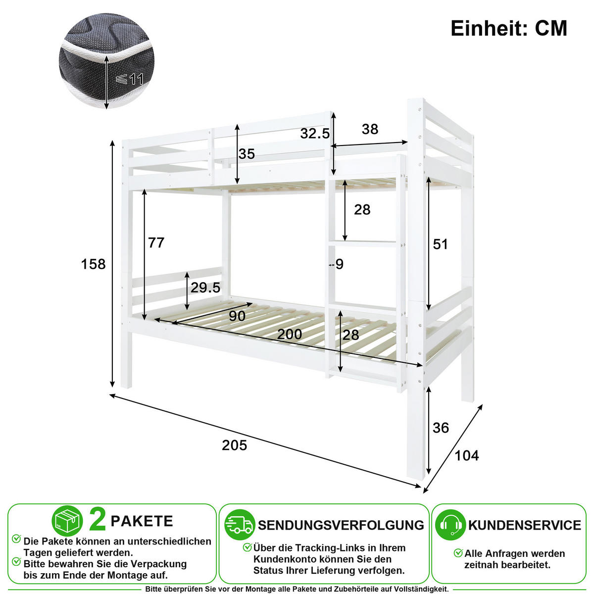 ETAGENBETT 90/200 cm & 90/200 cm in Weiß teilbar mit Winkelleiter und Absturzsicherung - Weiß, Holz (90/200cm) - CHICFURN