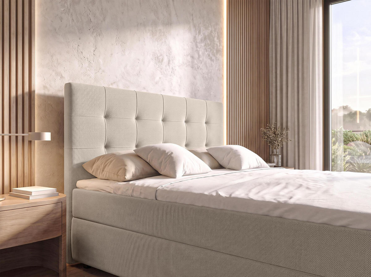 BOXBETT SAKARYA 140x200 cm mit Bettkasten und Matratze - Beige + TOPPER - Beige/Schwarz, Holz/Holzwerkstoff (140/200cm) - AX Living
