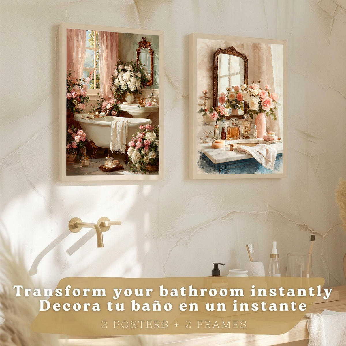 PLAKÁT Sada 3 Baño revista Světlý dřevěný rám A4 - béžová, papír (29.7/21/3cm) - Nacnic