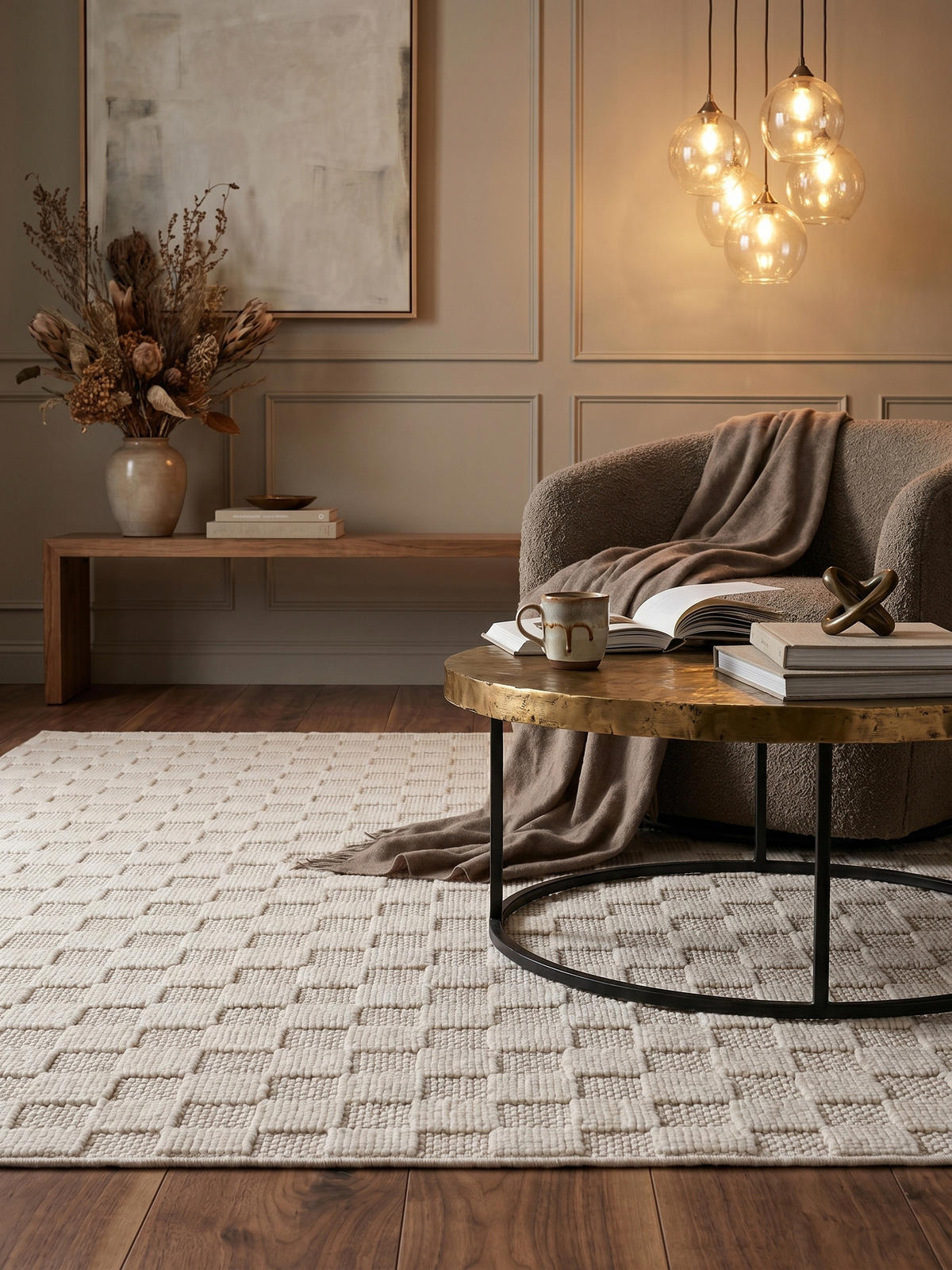 TEPPICH Flachgewebe LANGAU in Creme, mit Schachbrettmuster, 240 x 340 cm - Creme, Textil (240/340cm) - KADIMA DESIGN