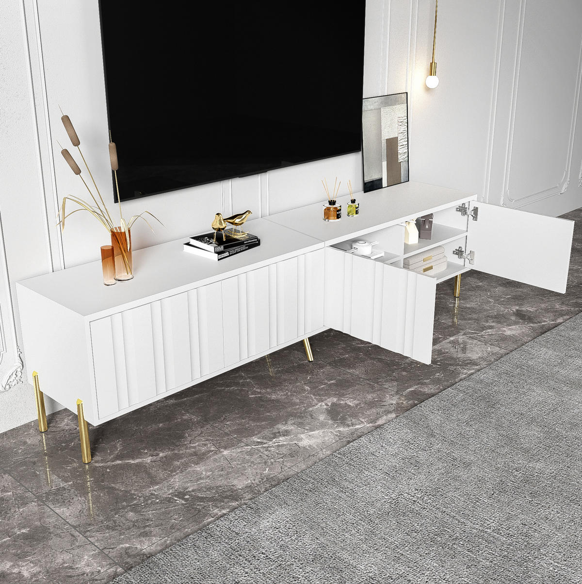 TV-SCHRANK in Weiß mit 4 Türen und goldfarbenen Füßen 190/38/48 cm - Weiß, Holzwerkstoff (190/48/38cm) - Redom
