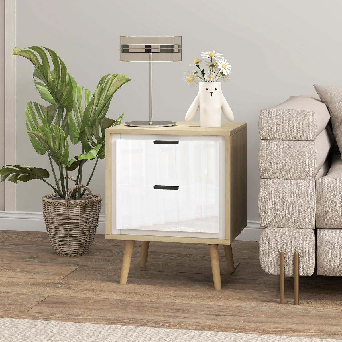 NACHTSCHRANK DE-12907 2 leise Schubladen Weiß - Eichefarben, Holzwerkstoff (35/50/40cm) - ComfortXL