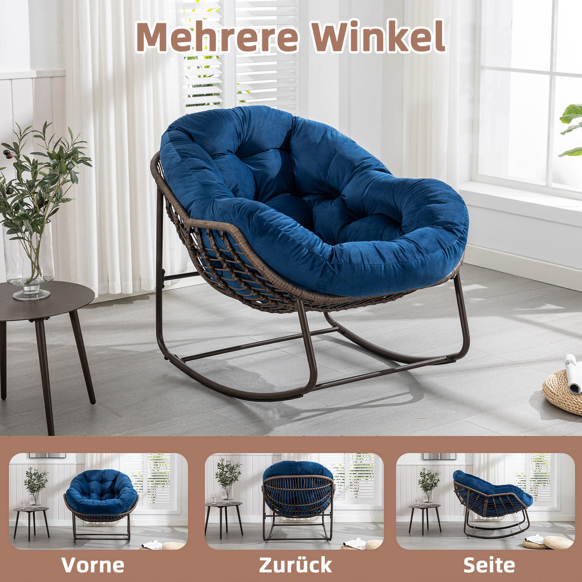 SCHAUKELSTUHL Schaukelsessel Garten,Rattanstuhl mit Stahlrahmen,Blau-Samt - Blau, Metall (94.5/80/111cm) - LVHOM