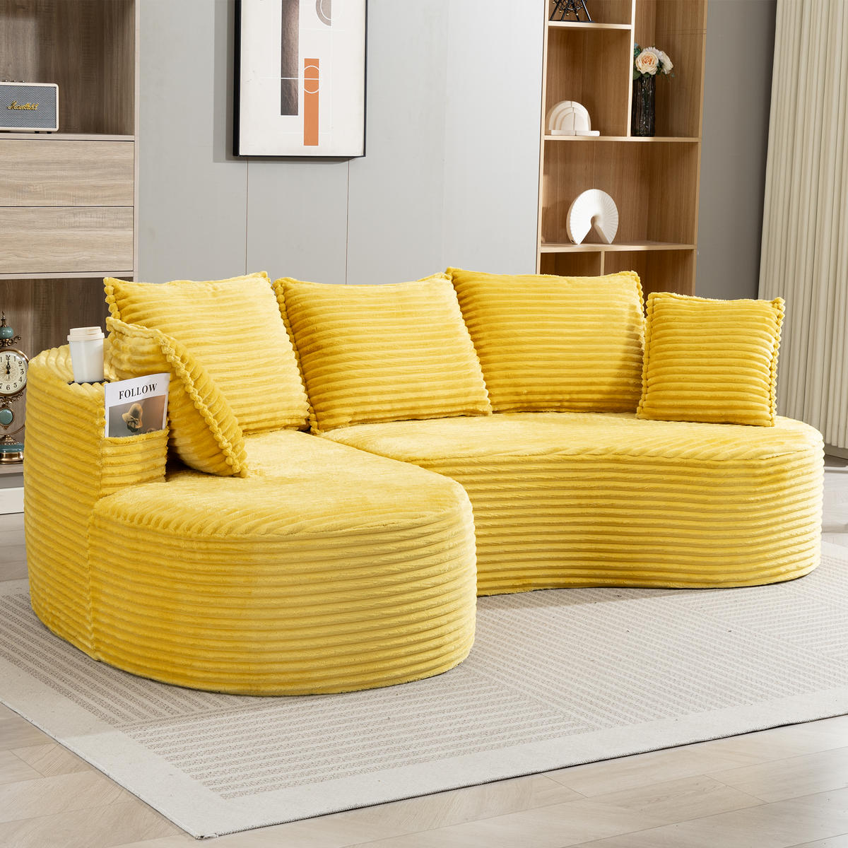 ECKSOFA Cord Senfgelb mit Getränkehaltern, Seitentaschen und Kissen - Gelb, Textil (250/152cm) - WISHDOR