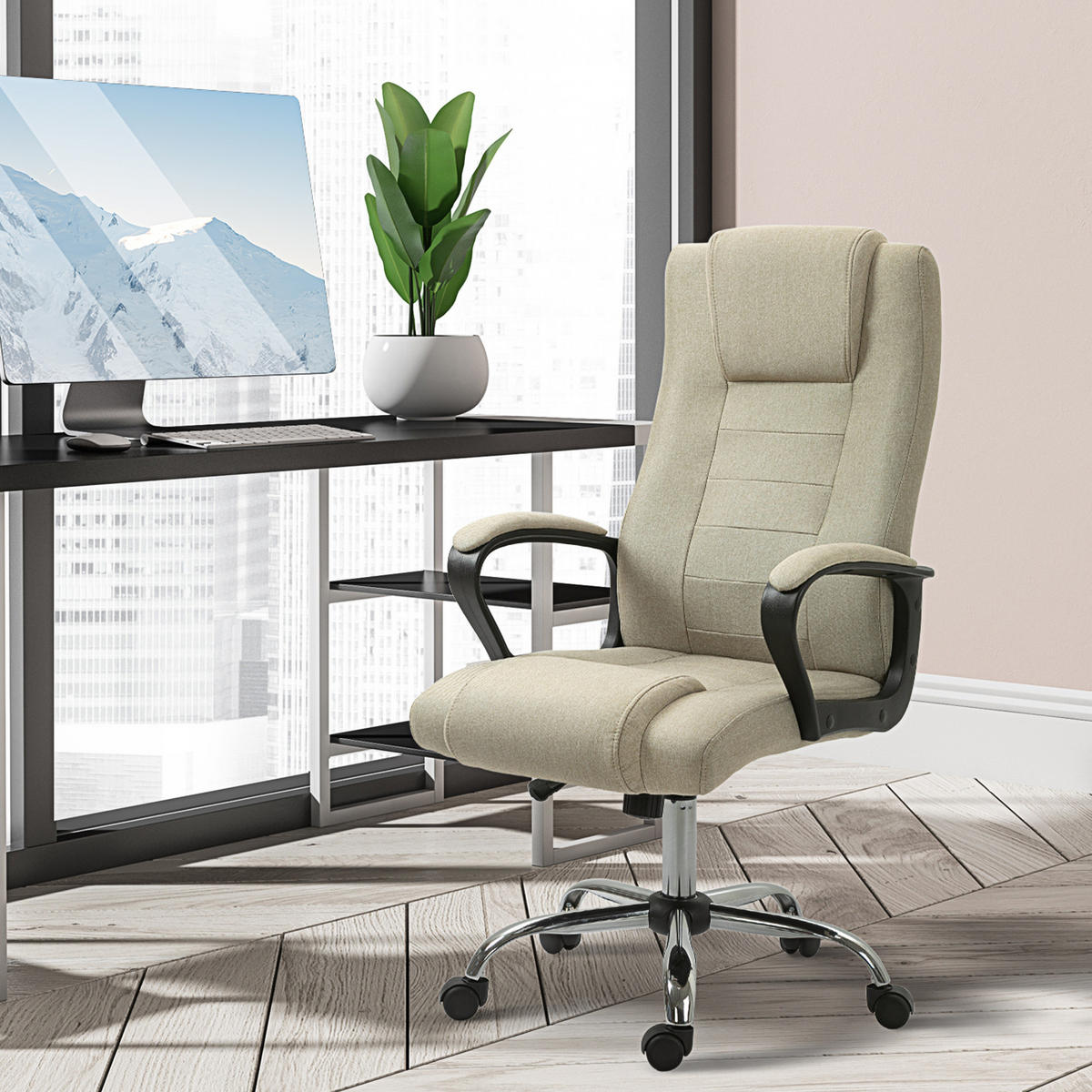 BÜROSTUHL, Ergonomisch Schreibtischstuhl mit Kopfstütze, Leinenoptik Beige - Beige, Kunststoff (62/119/76cm) - Vinsetto
