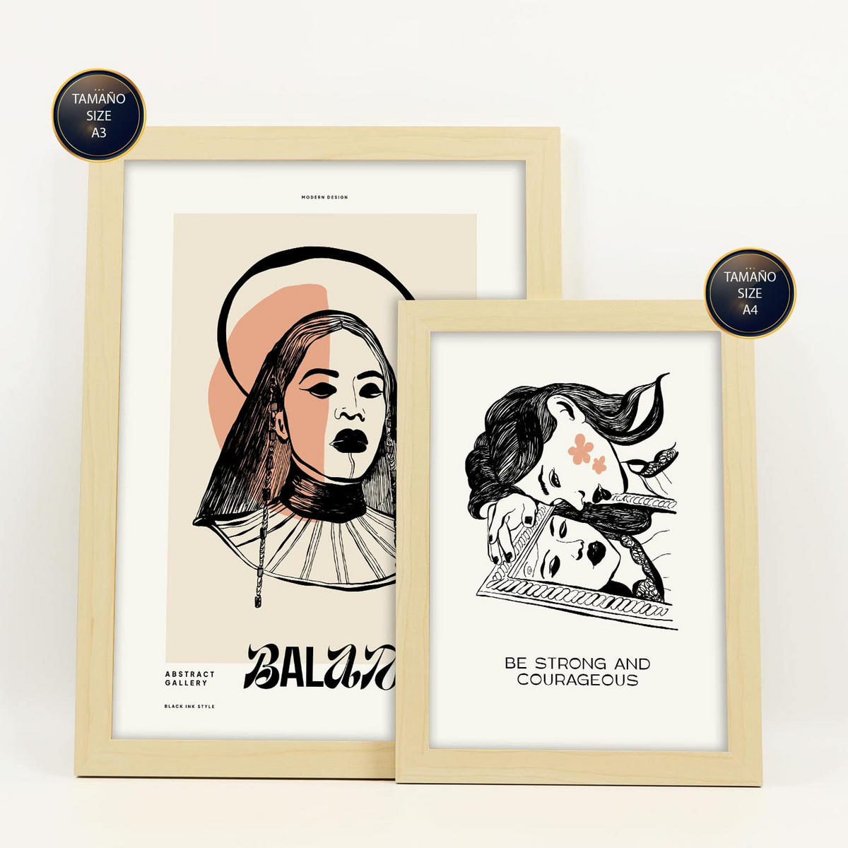 POSTER Set Mit 6 In Schwarzer Tinte Tapfer Kunstdrucke Im Skizzenstil Für Innenarchitektur A3 & A4 Rahmen Aus Hellem Holz - Beige, Papier (29/3cm) - Nacnic