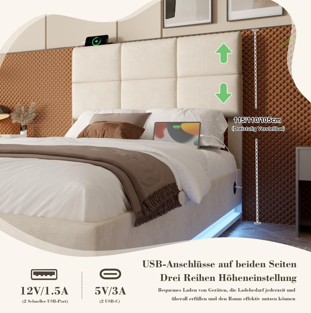 OBLAZINJENA postelja 90/200 cm iz žameta v bež barvi z LED-osvetlitvijo in prostorom za shranjevanje - bež, tekstil (90/200cm) - Modenvie