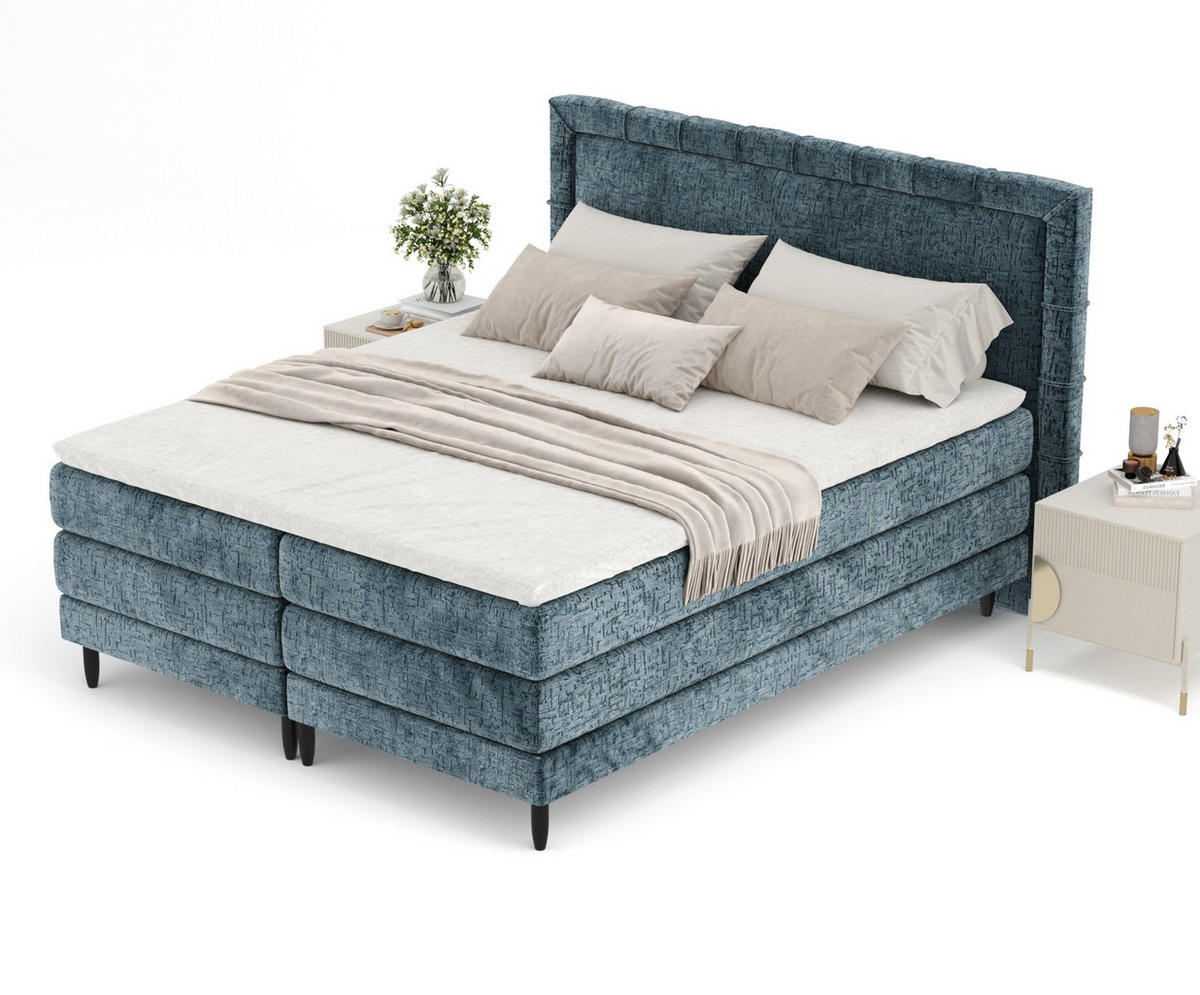 BOXSPRINGBETT Rimini Blau Grau 180/200 cm mit Matratze und Topper - Blaugrau/Schwarz, Holz/Holzwerkstoff (180/200cm) - Maison de Reve