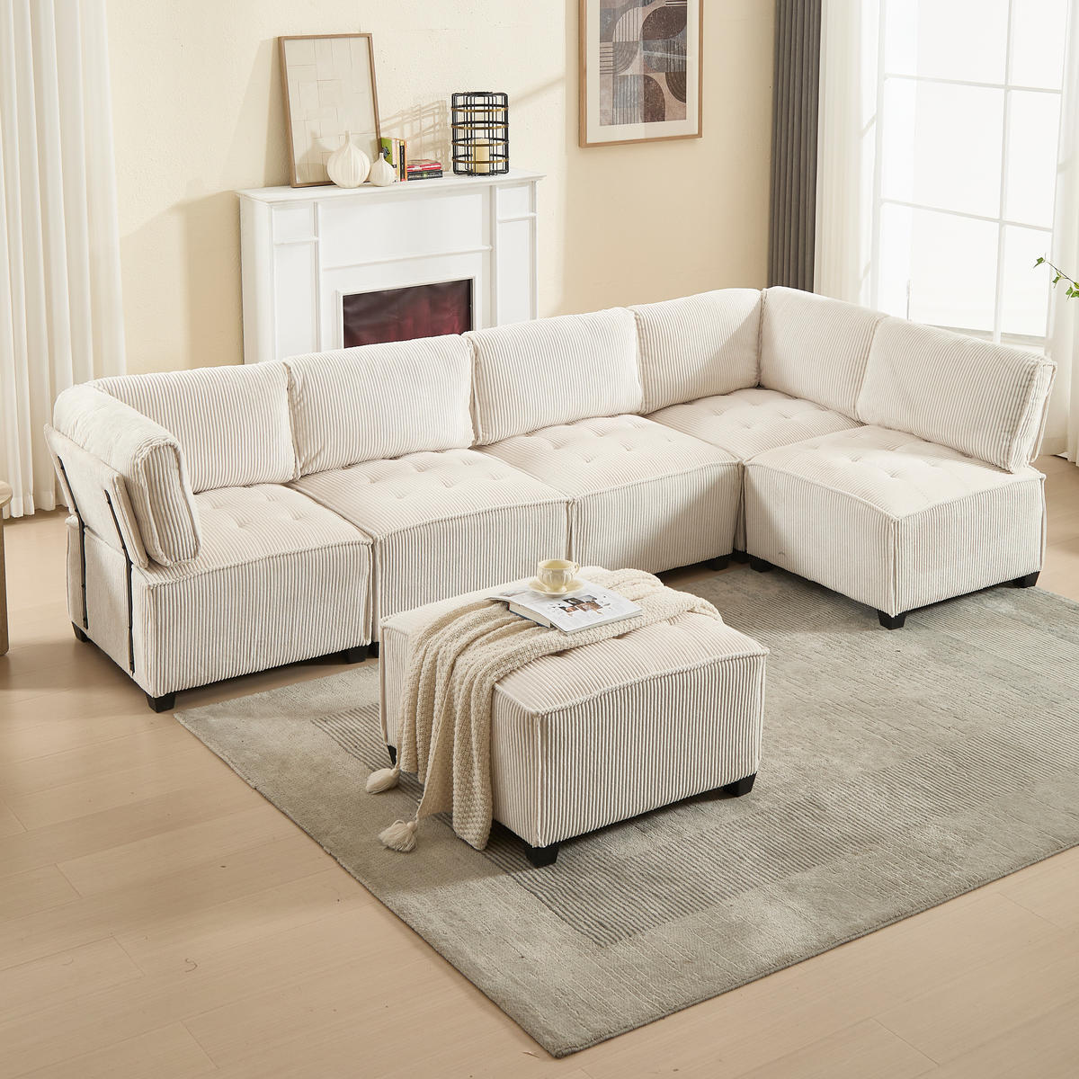 MODULARES 6-Sitzer Sofa Cord U-/L-Form und Eckschlafsofa Beige 308/154/82 cm - Beige, Textil (154/308cm) - Redom
