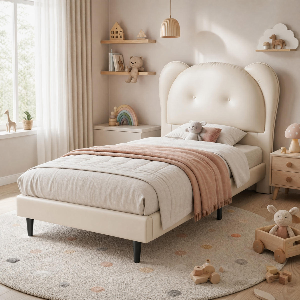KINDERBETT 90/200 cm in Beige mit Tier-Kopfteil und Lattenrost im Polsterdesign - Beige/Schwarz, Holzwerkstoff/Textil (90/200cm) - STILVORA