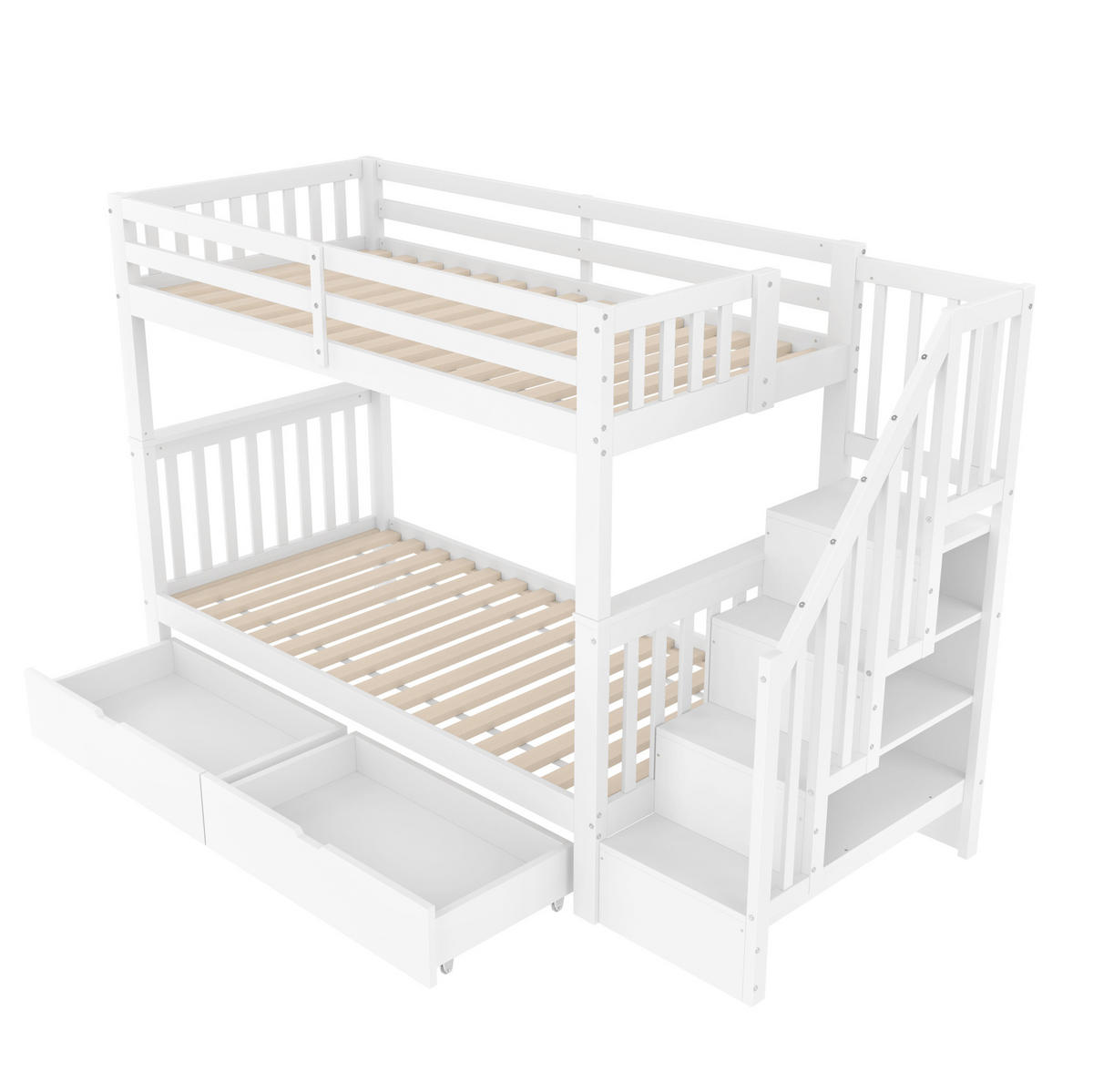 ETAGENBETT 90/200 cm in Weiß mit Treppenregal und 2 Schubladen - Weiß, Holz (90/200cm) - BEAOK