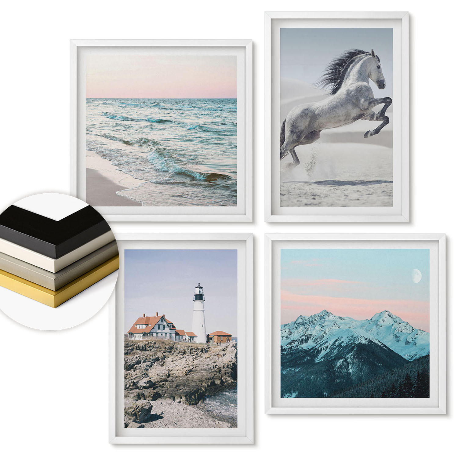 WANDBILDER 4er-Set - 50x50 cm & 40x60 cm Weißer Rahmen - Pferde, Bewegung, Strand, Leuchtturm, Berge - Weiß, Kunststoff (50/50cm) - ArtPrintCave