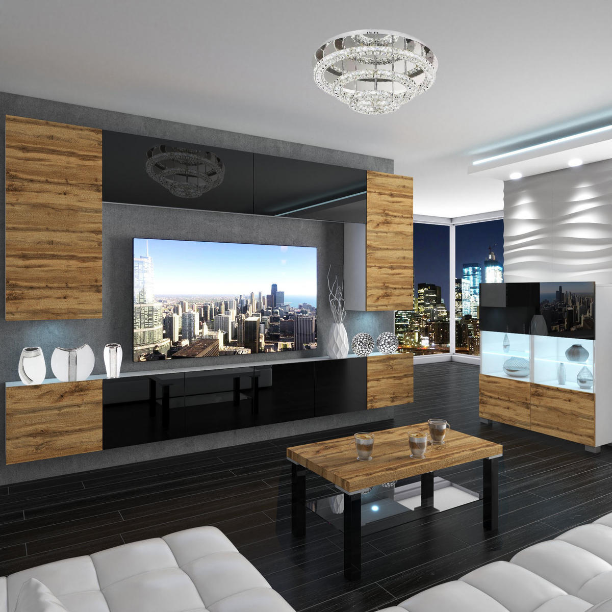 WOHNZIMMERWAND Schrankwand mit LED Wotan Eiche / Schwarz - Schwarz/Braun, Holz (300/180/36cm) - B BELINI GROUP