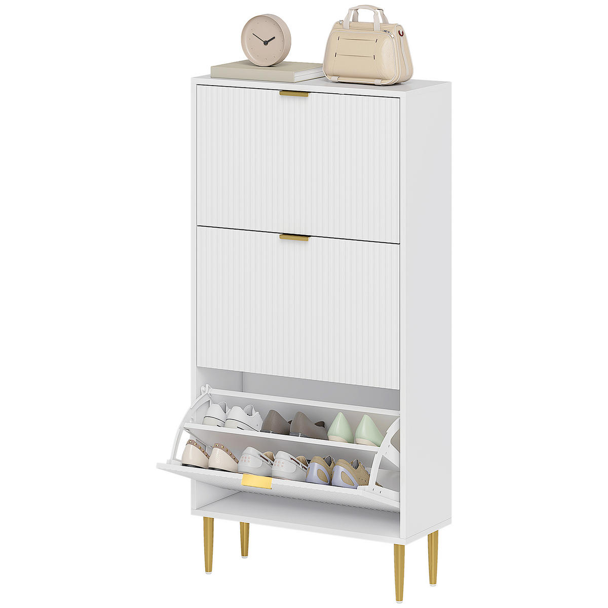 SCHUHSCHRANK DE-15040 3 Klapptüren mit Rillenfront & verstellbaren Böden Weiß - Weiß, Holzwerkstoff (60/128/24cm) - ComfortXL