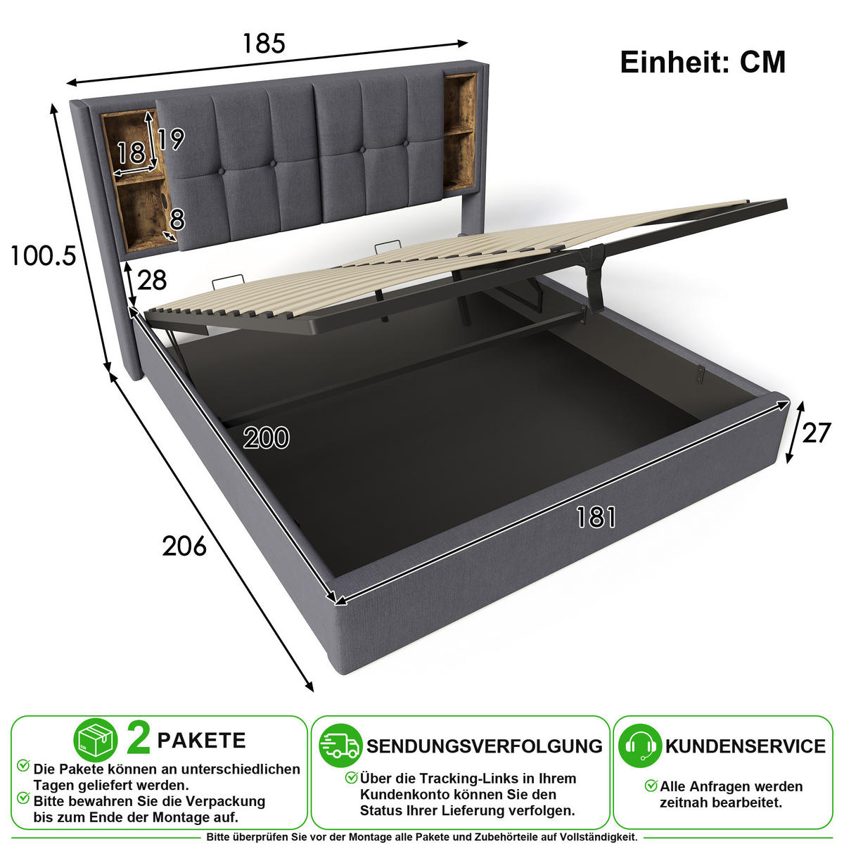 POLSTERBETT 180/200 cm in Grau mit Bettkasten, Kabellosem Laden, USB und Ablagefächern - Grau, Holzwerkstoff/Textil (180/200cm) - CHICFURN