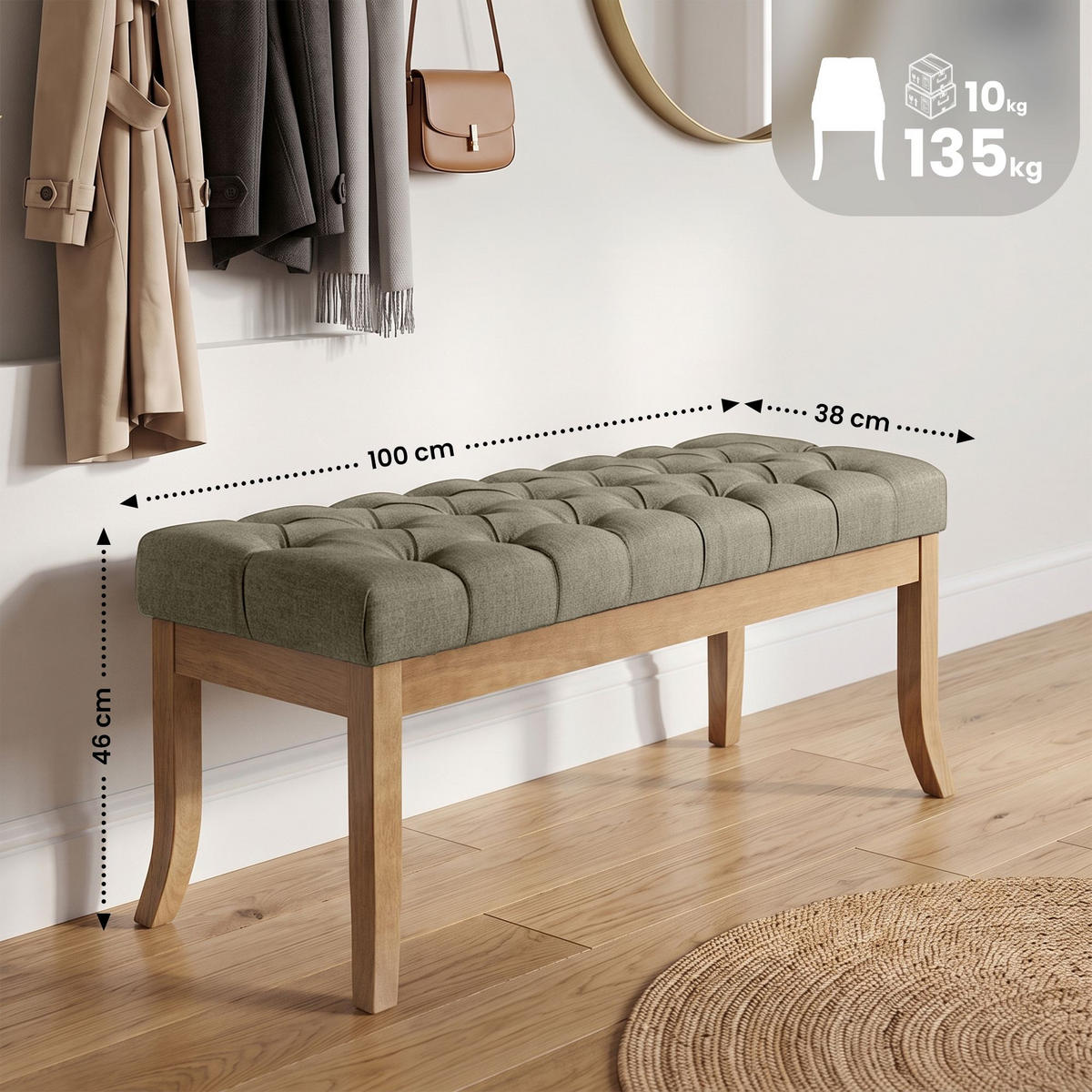 SITZBANK 100/38 cm Stoff Taupe - Taupe/Naturfarben, Holz/Textil (100/46/38cm) - CLP