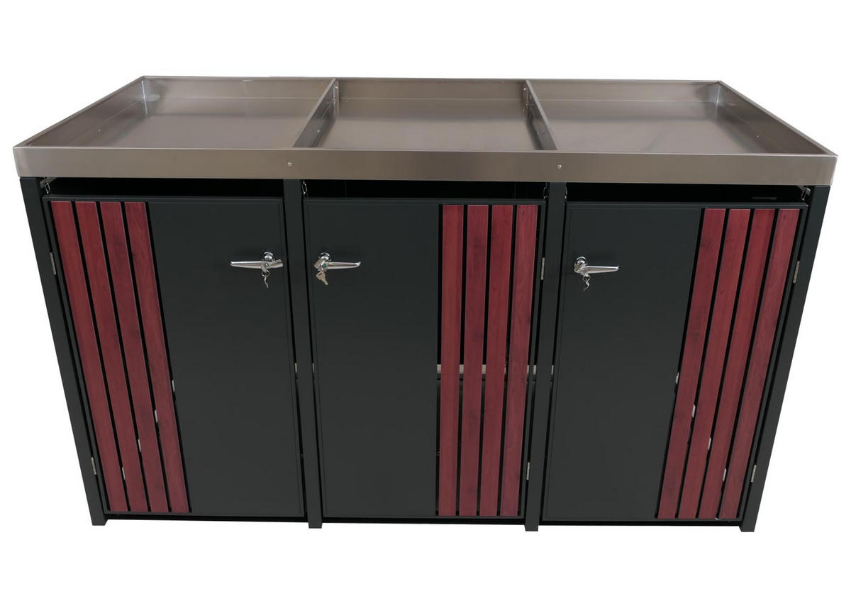 MÜLLTONNENBOX 3er mit Pflanzkasten HxBxT 125x196x84cm Anthrazit Holzoptik dunkel - Anthrazit, Metall (196/125/84cm) - PROREGAL