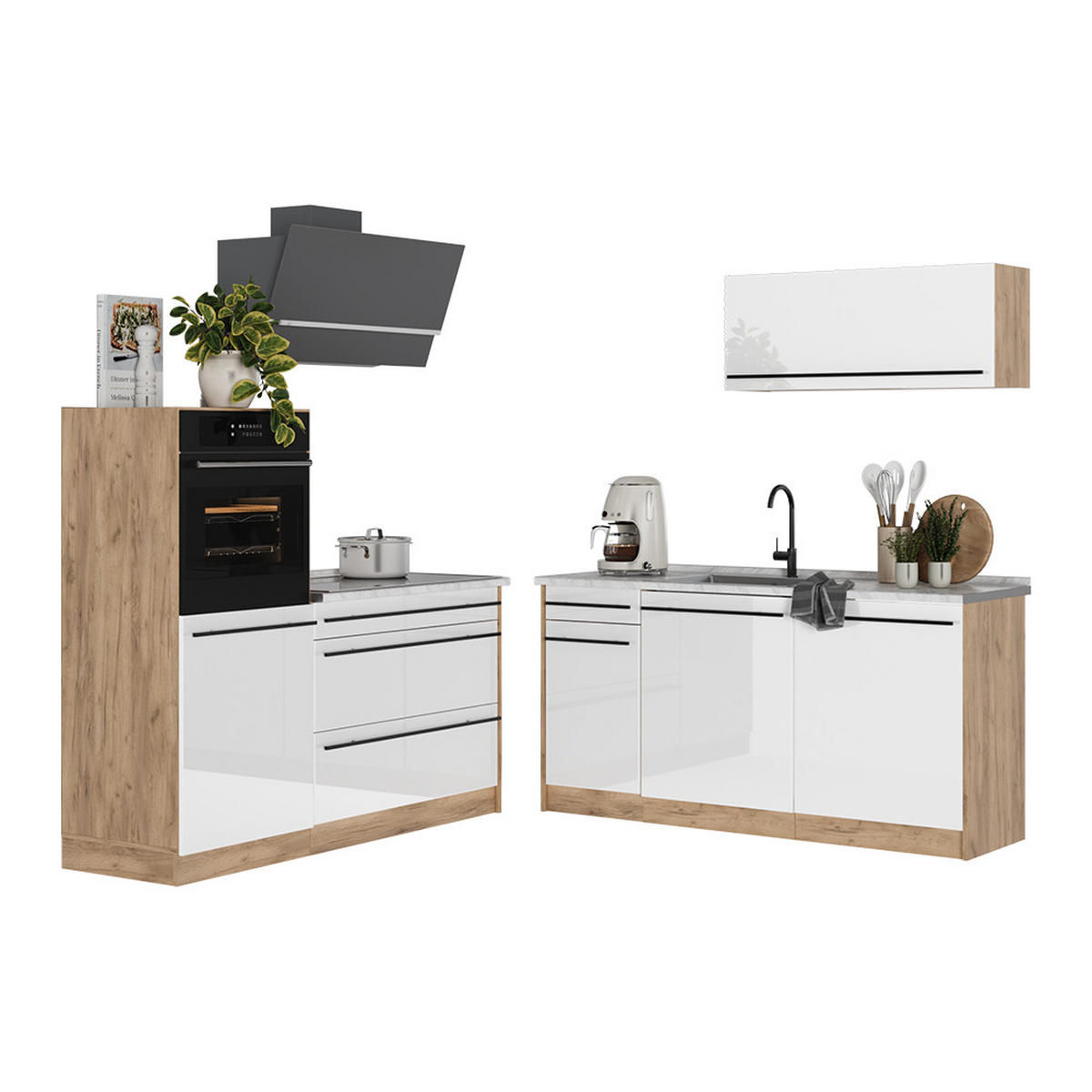 KÜCHENZEILE R-Line, Weiß Hochglanz/Goldkraft Eiche, 160 cm Arbeitsplatte Goldkraft Eiche - Honigeiche/Weiß Hochglanz, Holzwerkstoff (160/143/60cm) - Vicco