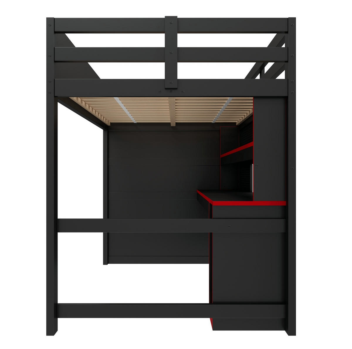 GAMING-HOCHBETT MDF & Sperrholz 140x200 cm Schwarz/Rot mit Schreibtisch, Stauraumtreppe, LED und USB - Schwarz, Holzwerkstoff (140/200cm) - Modfu