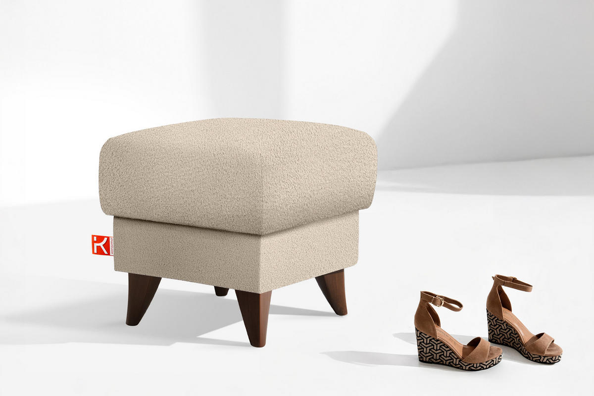 HOCKER GUSTAVO Fußstütze, Bouclé, Creme - Creme, Holz/Holzwerkstoff (53/49/53cm) - KONSIMO®
