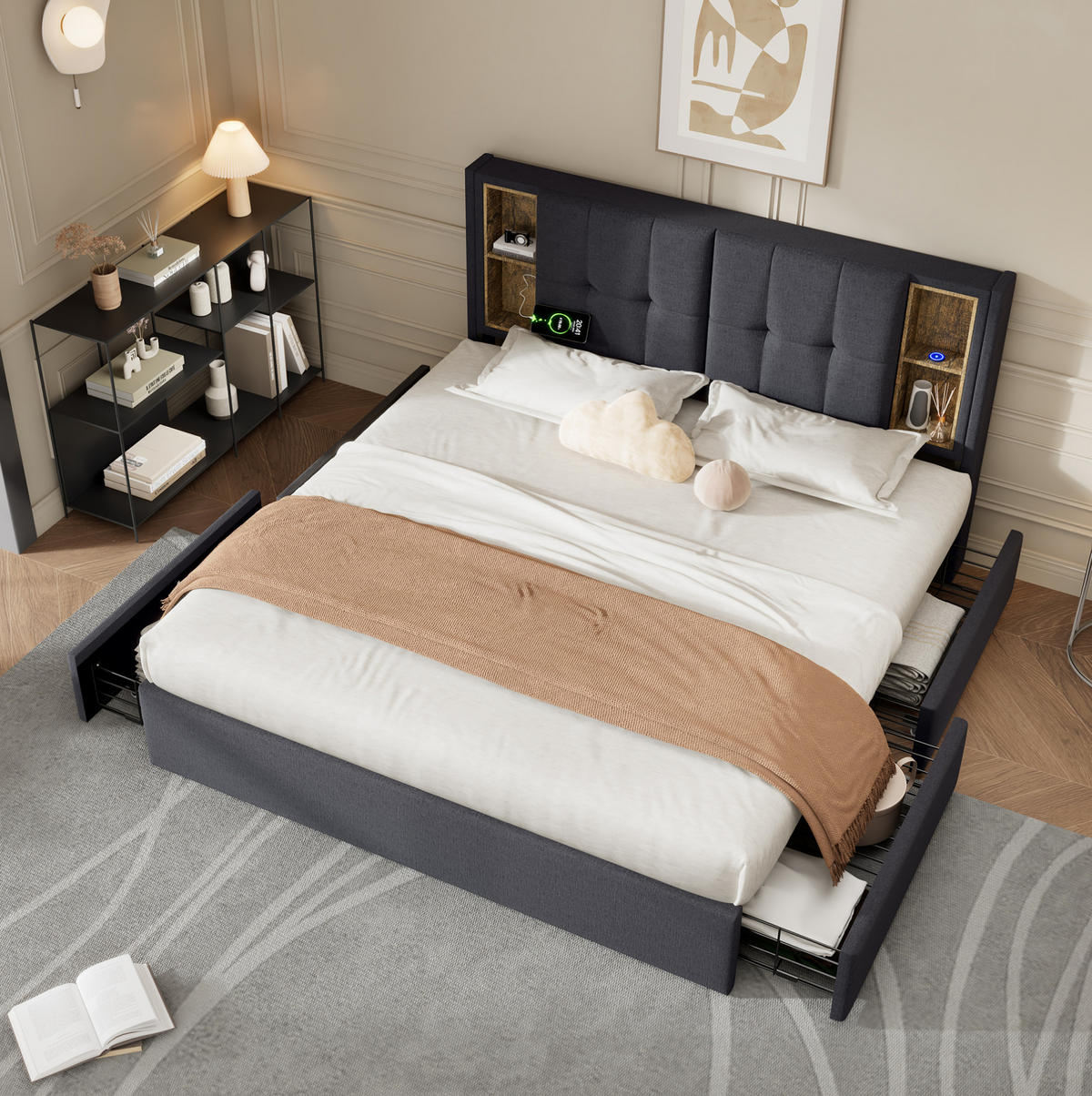 POLSTERBETT 160/200 cm mit kabellosem Laden, USB-C und 4 Schubladen, Grau - Grau, Textil (160/200cm) - Redom