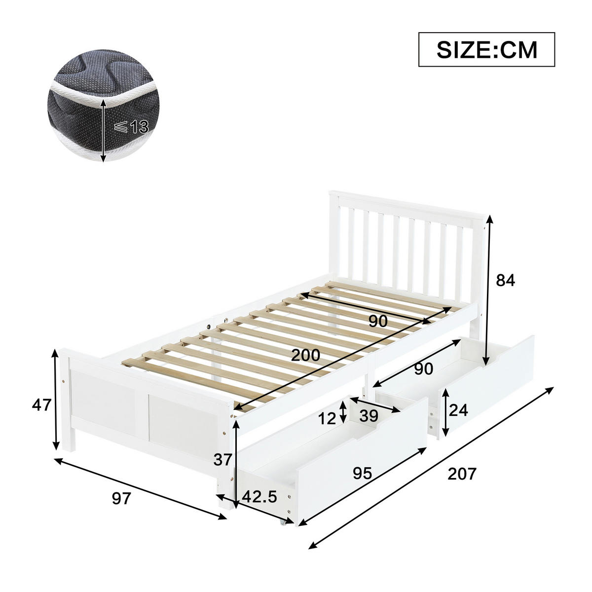 JUGENDBETT 90/200 cm in Weiß mit 2 Schubladen Kiefer Massivholz - Weiß, Holz/Holzwerkstoff (90/200cm) - CHICFURN