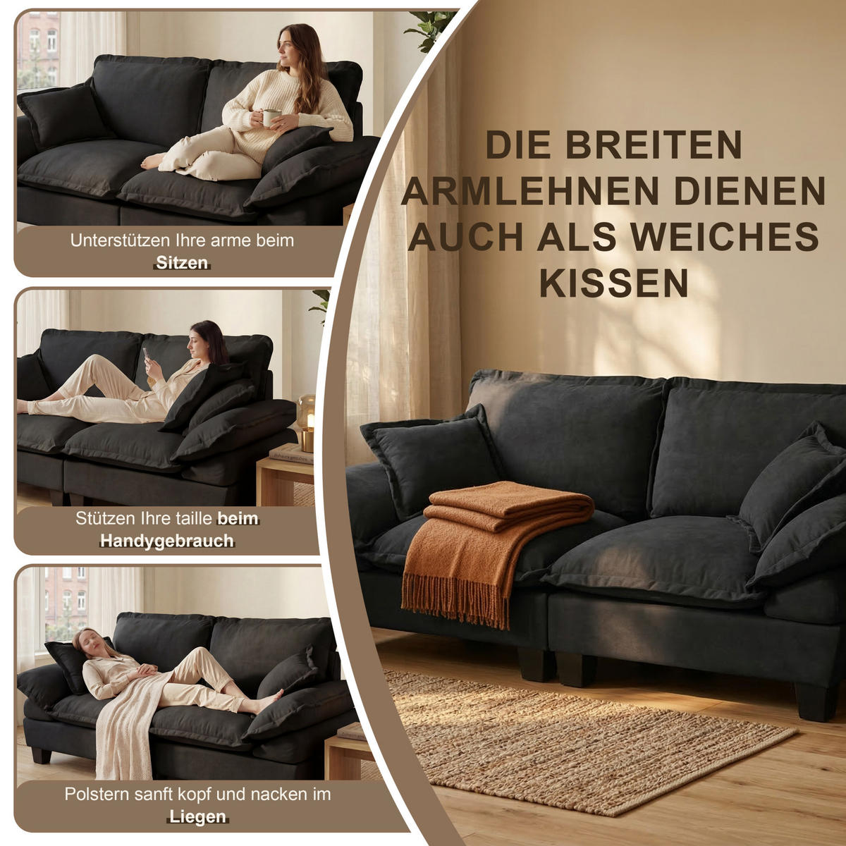 2-SITZER Sofa 194/82/90 cm mit abnehmbaren Armlehnen und Chenille-Bezug, Schwarz - Schwarz, Textil (194/90/82cm) - Redom