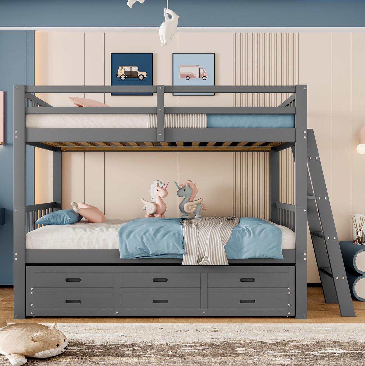 ETAGENBETT 90/200 cm Grau mit Ausziehbett und 3 Schubladen - Grau, Holz (90/200cm) - BEAOK