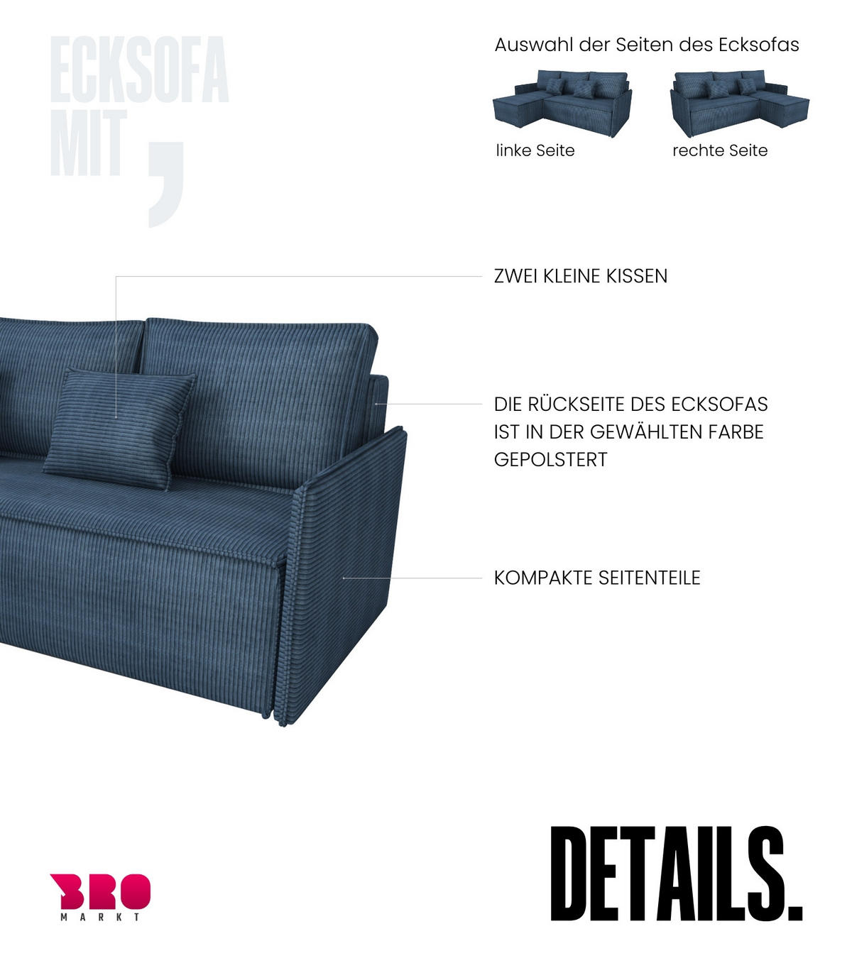 ECKSOFA Atlantic mit Schlaffunktion Blau Cord - Blau, Textil (238/141cm) - Bromarkt