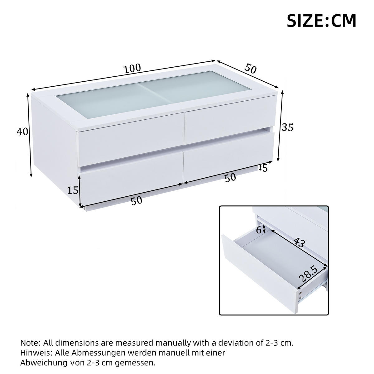 COUCHTISCH in Weiß mit 4 Schubladen und LED-Beleuchtung für Wohnzimmer, B100/T50/H30 cm - Weiß, Glas/Holzwerkstoff (50/100/40cm) - STILVORA
